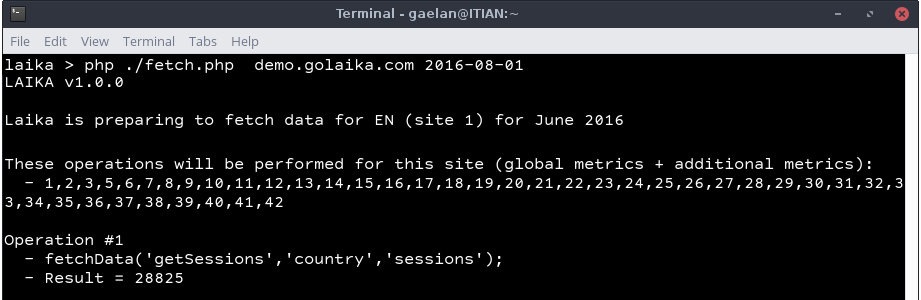 Screenshot showing Laika's command-line script fetching data from Google Analytics